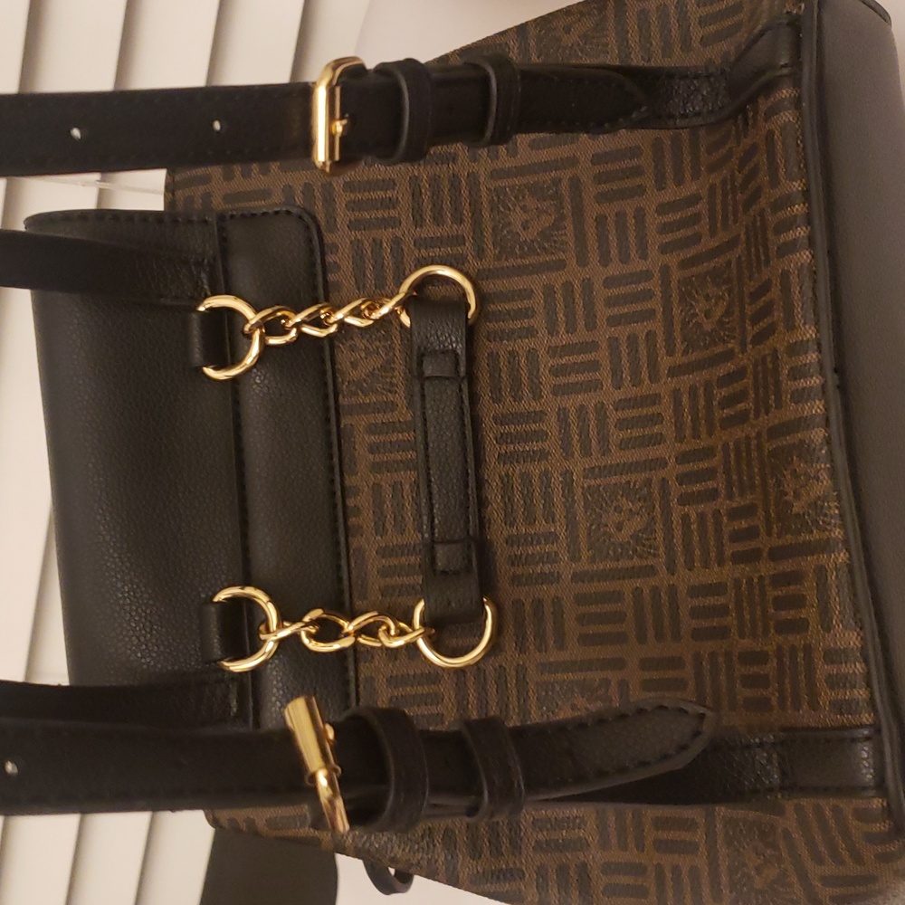 Anne Klein Elegant Black and Brown Mini Backpack Gold Drawstring Snap Closure - Picture 12 of 17
